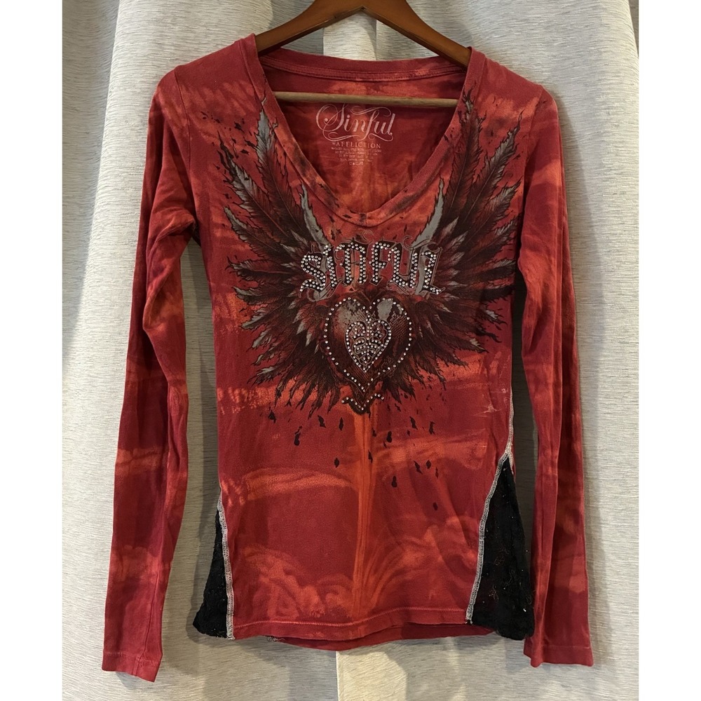 SINFUL BY AFFLICTION Y2K 00s Wing Bling Long Sleeve Shirt Size Small